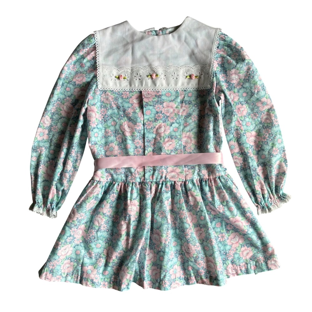 Girls' Floral Mint and Pink Long-Sleeve Party Dress